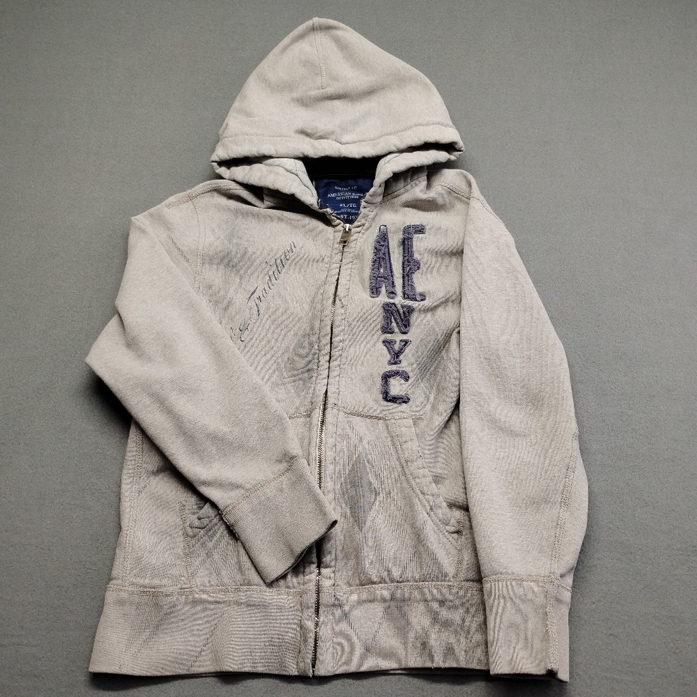 American Eagle Outfitters Light Gray Hooded Zip Jacket with Navy Logo XL TG